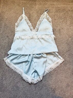 Light Blue Satin padded Striped Lace-Trim Cami & Short Sleep Set